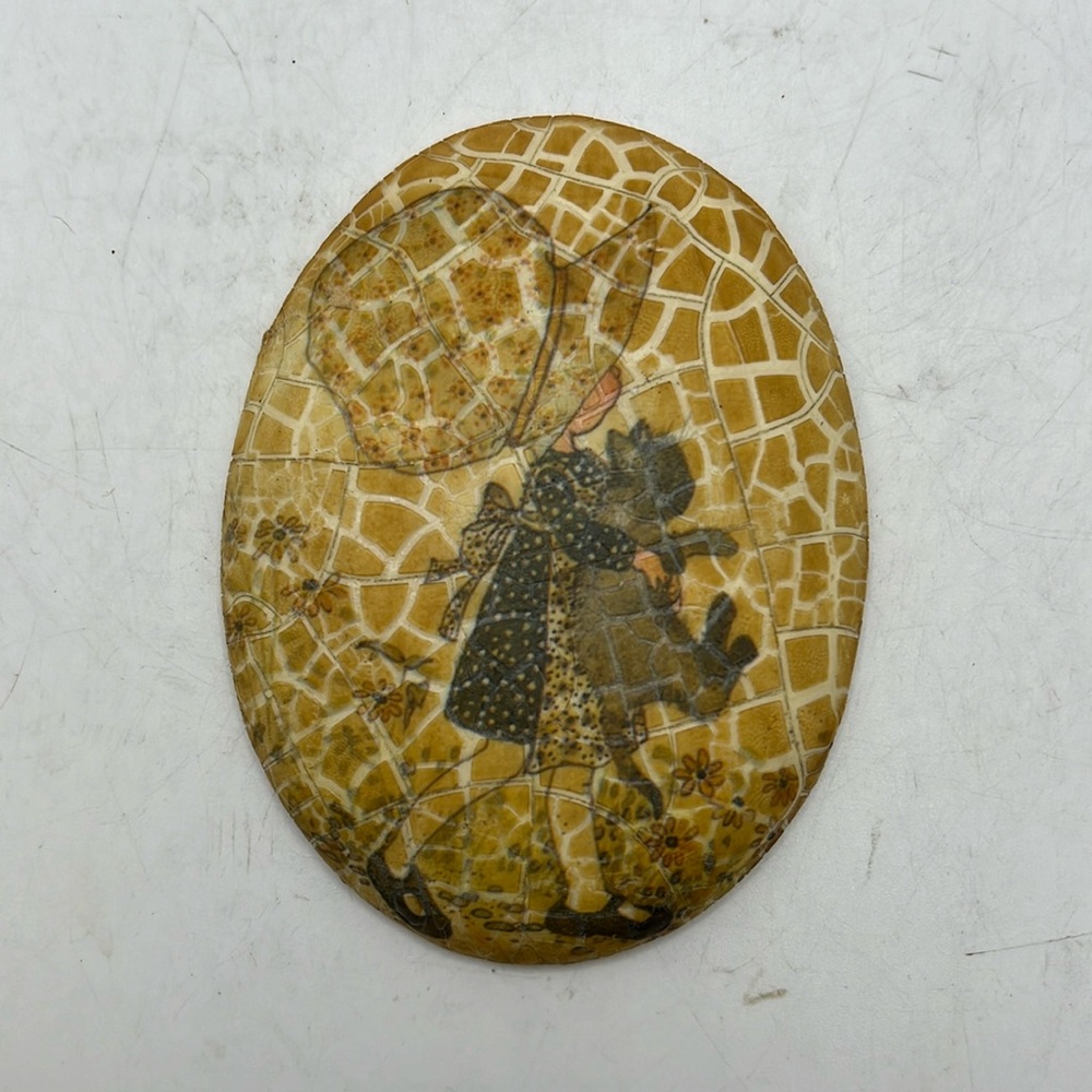 Vintage Holly Hobbie Wall Hanging Plaque Decor Art Ceramic Crackle Girl Cat